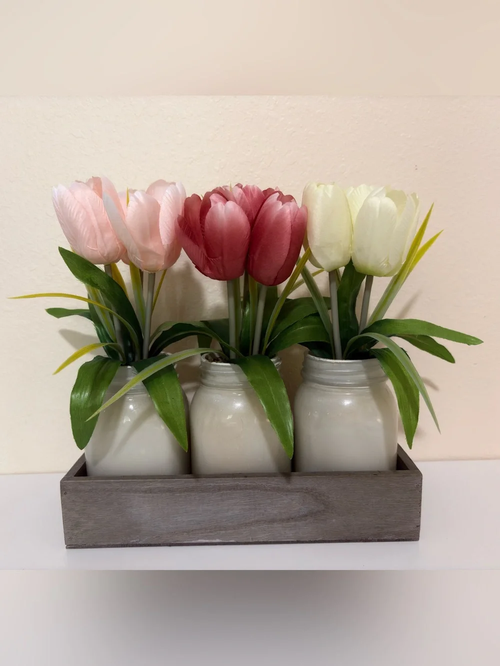 Sonoma Pink, Rose and Cream Tulip Trio in White Mason Jars